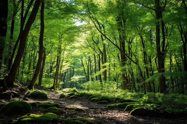 a path in the forest with mossy rocks and moss on the ground