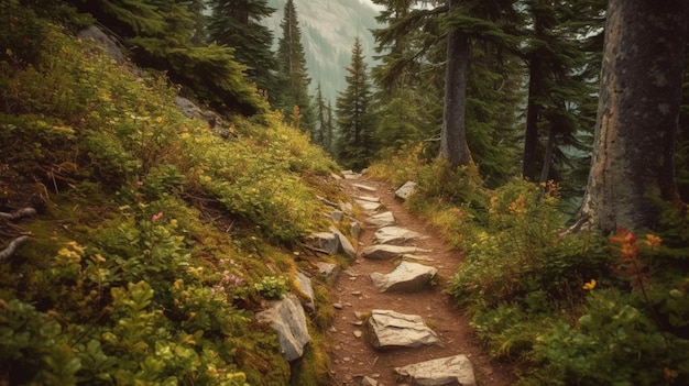 Photo a path in the forest with a mountain in the background