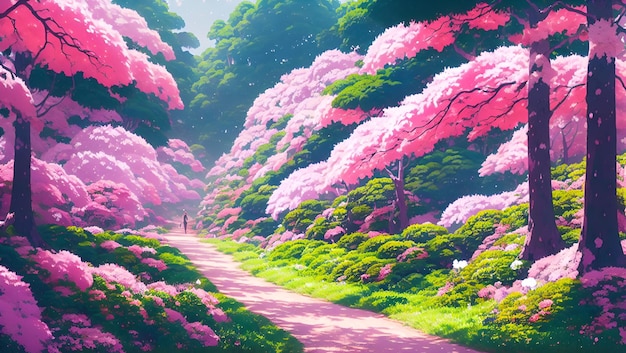 A path in the forest with a path of cherry blossoms