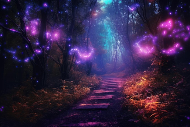 A path in the forest with purple lights