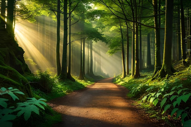 A path in the forest with rays of sunlight