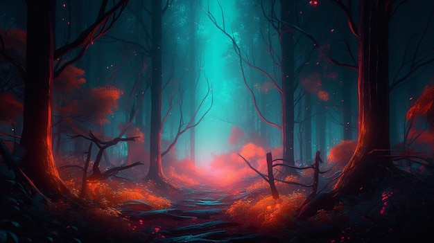 A path in the forest with a red fire on the ground