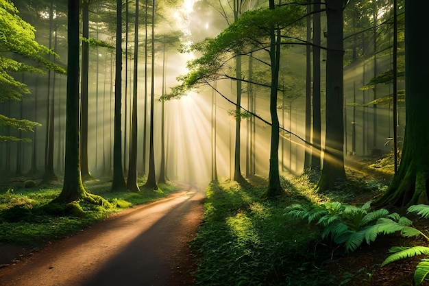 태양 광선이 있는 숲의 길