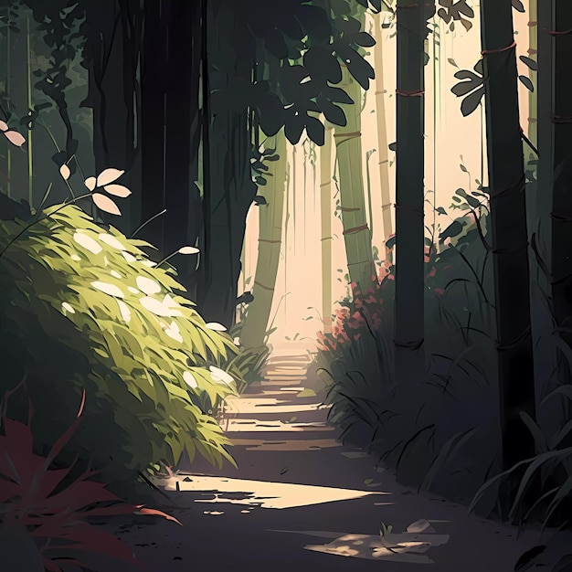 Foto un sentiero in una foresta con un sole che splende su di esso.
