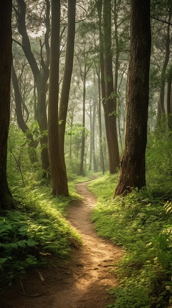 A path in the forest with the sun shining on it.