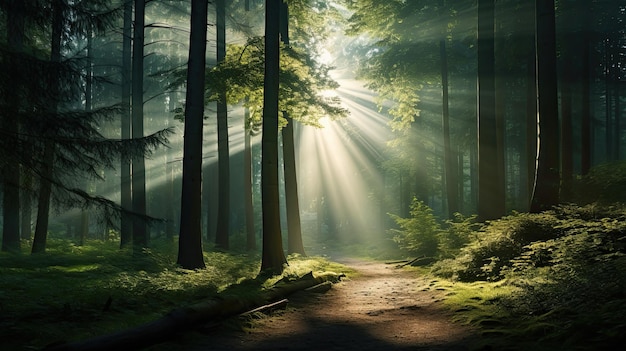 a path in a forest with the sun shining through the trees.