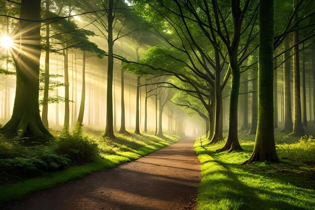 A path in the forest with the sun shining through the trees.