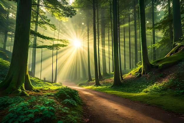 A path in the forest with the sun shining through the trees