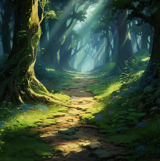 A path in the forest with the sun shining through the trees