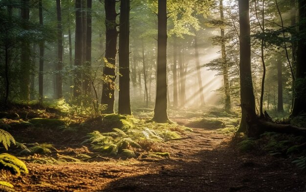 Дорога в лесу с солнцем, сияющим сквозь деревья.