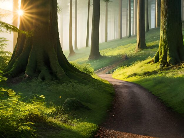 A path in a forest with the sun shining through the trees