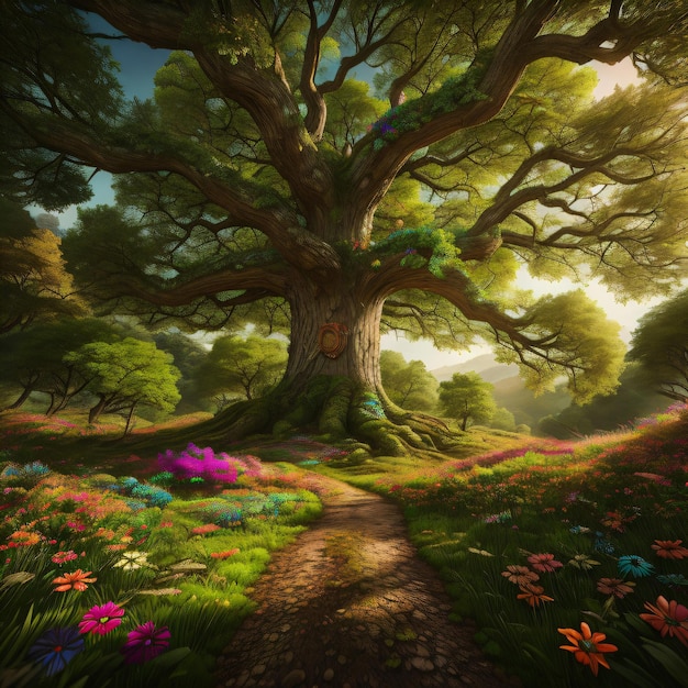 A path in a forest with a tree and flowers.