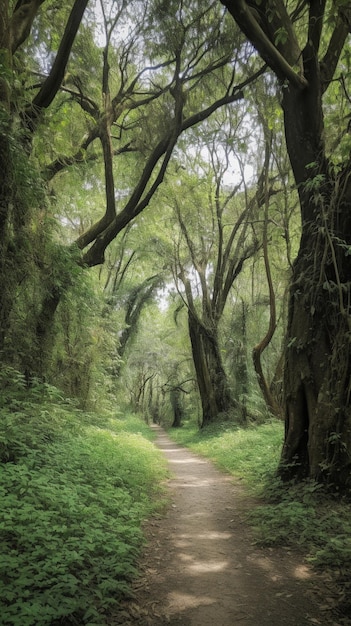 A path in the forest with trees on both sides