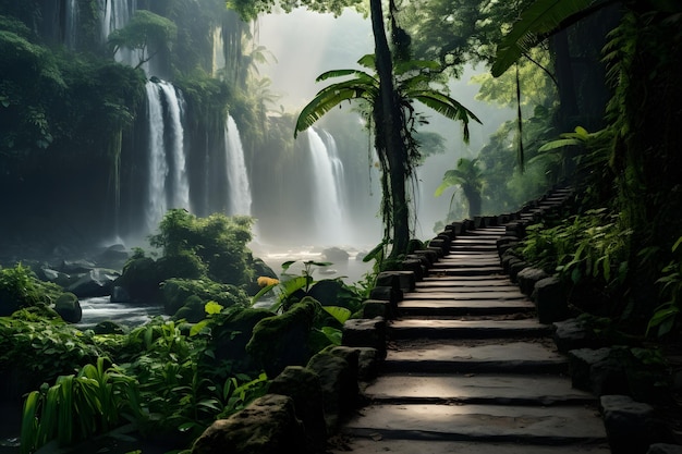 a path in front of a waterfall with a waterfall in the background