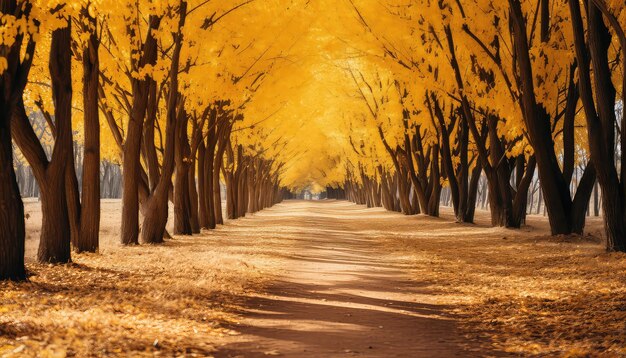 A path full of golden sycamores in autumn