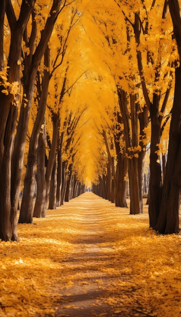 A path full of golden sycamores in autumn