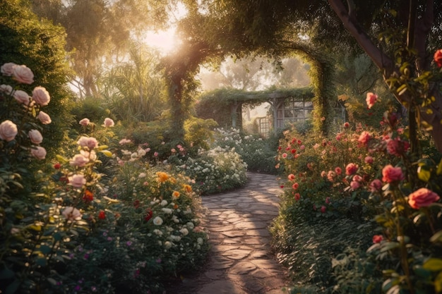 Path in the garden near the house where many beautiful flowers grow generative ai