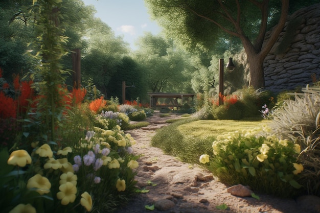 A path in a garden with flowers and a bench in the background.