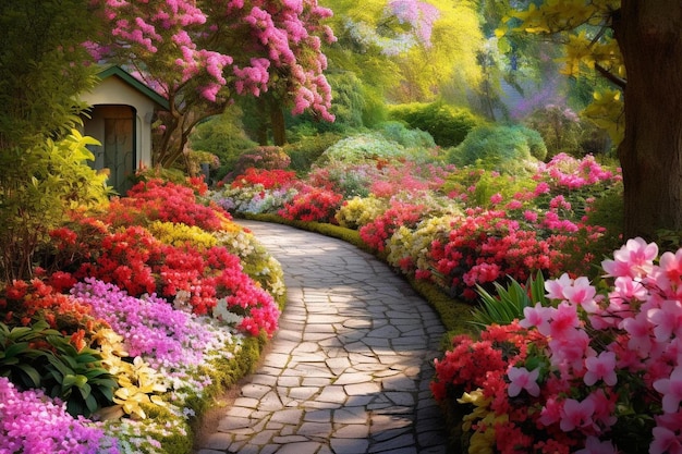 a path in the garden with flowers