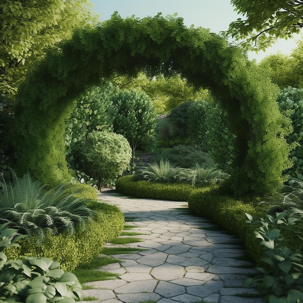 A path in a garden with a green arch and a large planter.