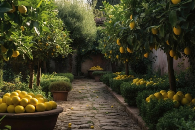 A path in a garden with lemons and other fruit Generative AI