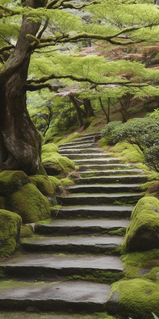 苔むした岩の壁紙が貼られた庭園の小道