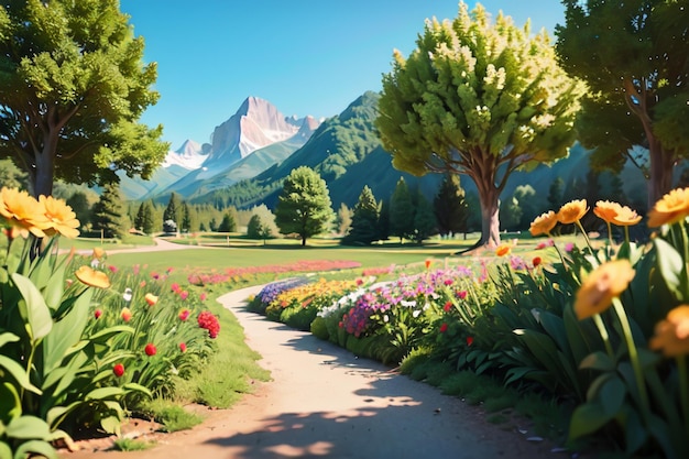 A path in a garden with a mountain in the background