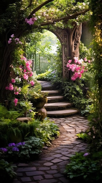 a path in a garden with a path leading to a tree with flowers.