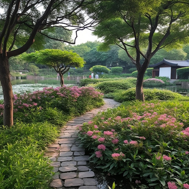 A path in a garden with pink flowers and a house in the background