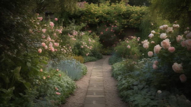 A path in the garden with roses on it