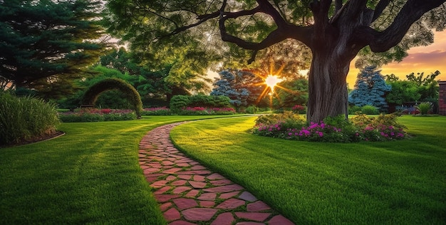 a path in a garden with a sunset in the background