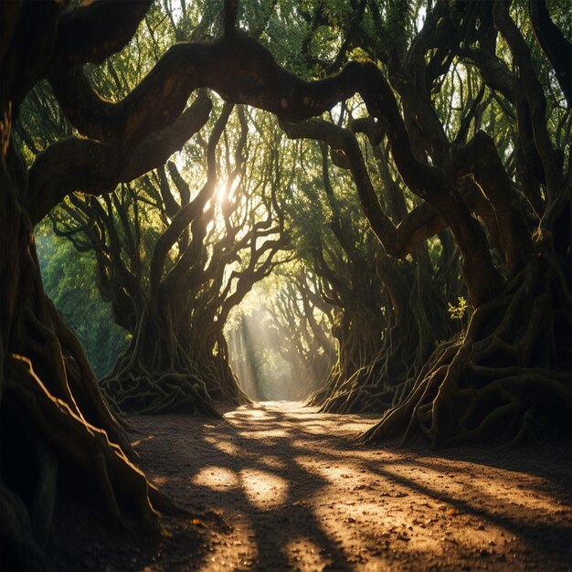 The path is surrounded by ancient trees and symbolic elements creating a backdrop that echoes wit