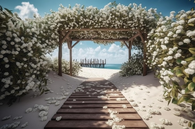 A path leading to a beach with white flowers.