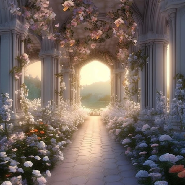 A path leading to a castle with flowers on it