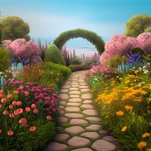 A Path Leading to a Flower Garden with Flowery Archways