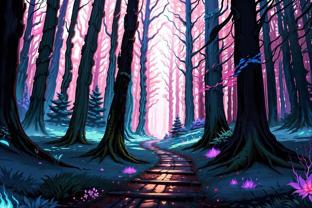 a path leading into a forest at night fantasy mystical