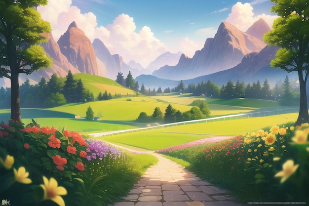 A path leading to a mountain landscape with flowers and a blue sky.