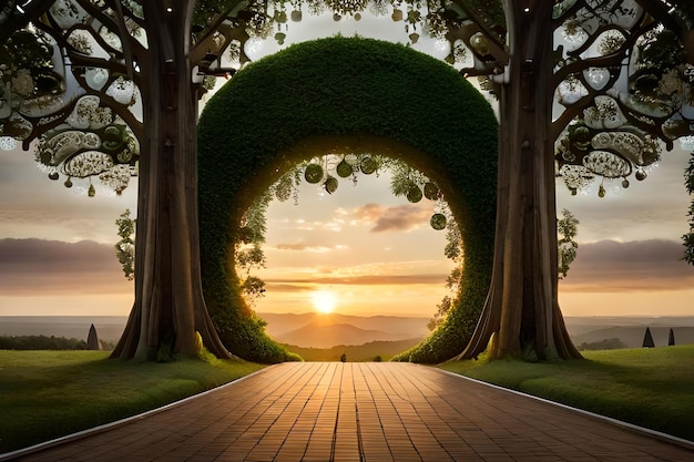 A path leading to a sunset with a tunnel that leads to a sunset.