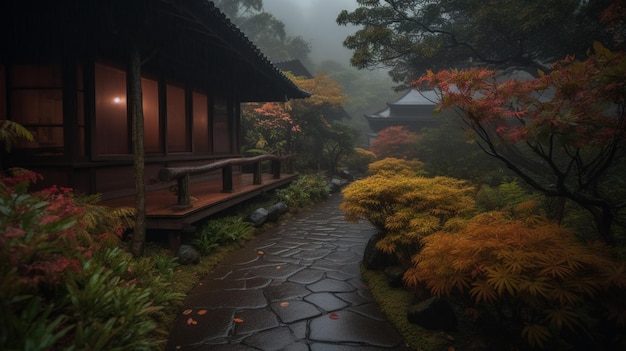 A path leading to a temple with a tree in the foreground and a house in the background.