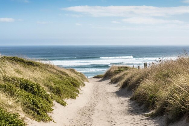 Photo a path leads to a beach with a fence and a beach in the background