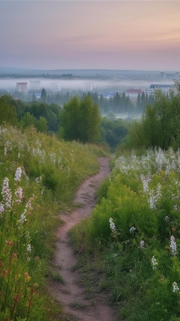 Photo a path leads to a field of flowers.