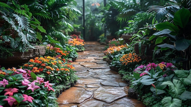 植物や花がく庭に道が通っています