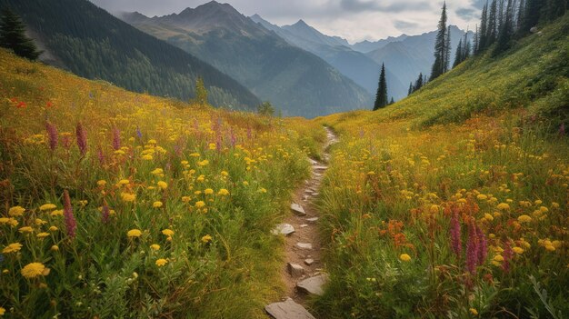 Photo a path leads through a field of flowers in the swiss alps.