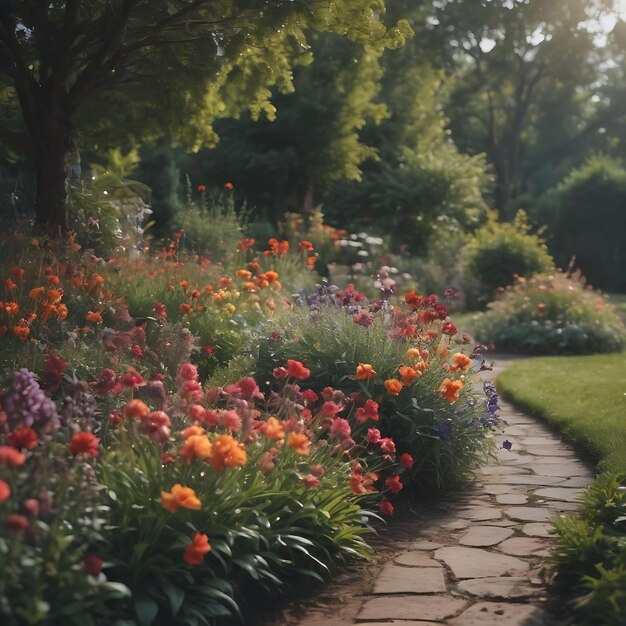 a path leads through a garden with flowers and trees