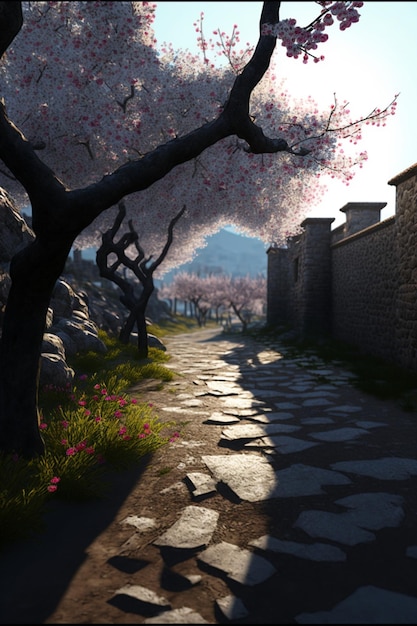 Path lined with pink flowers next to a stone wall generative ai