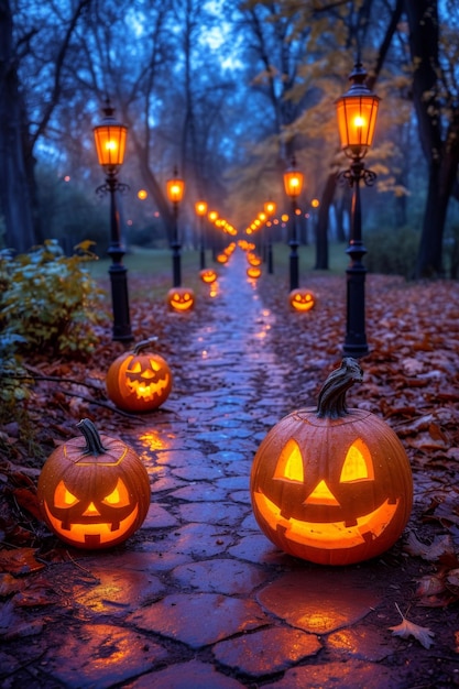 A path lined with pumpkins lit up in the night ai