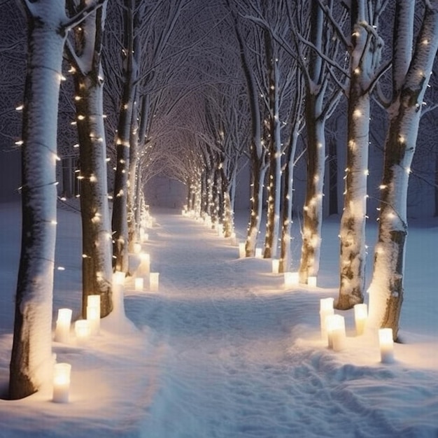 A path lined with trees with lights on it