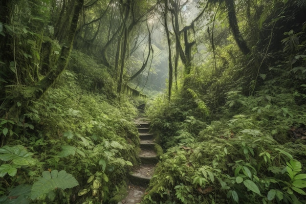 A path in the middle of a lush green forest generative AI