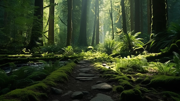 A path in the middle of a lush green forest