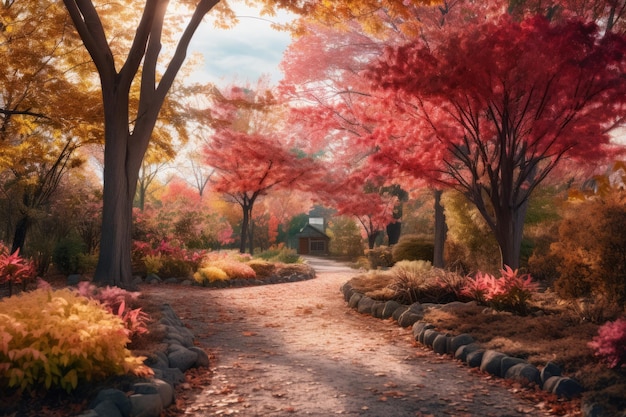 a path in the middle of a park with colorful leaves